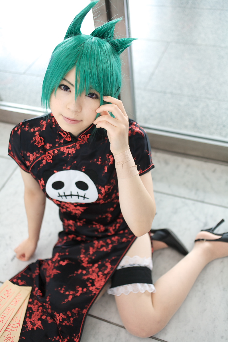 katou mari, tao jun, shaman king, highres, photo (medium), 1girl, china dress, chinese clothes, cosplay, dress, female focus, green hair, high heels, kneeling, purple eyes, shoes, sitting, smile, solo, tao jun (cosplay)