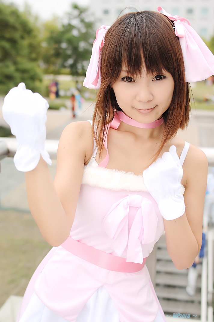 hiromichi, amami haruka, idolmaster, idolmaster (classic), photo (medium), cosplay, dress, gloves, hair ribbon, ribbon