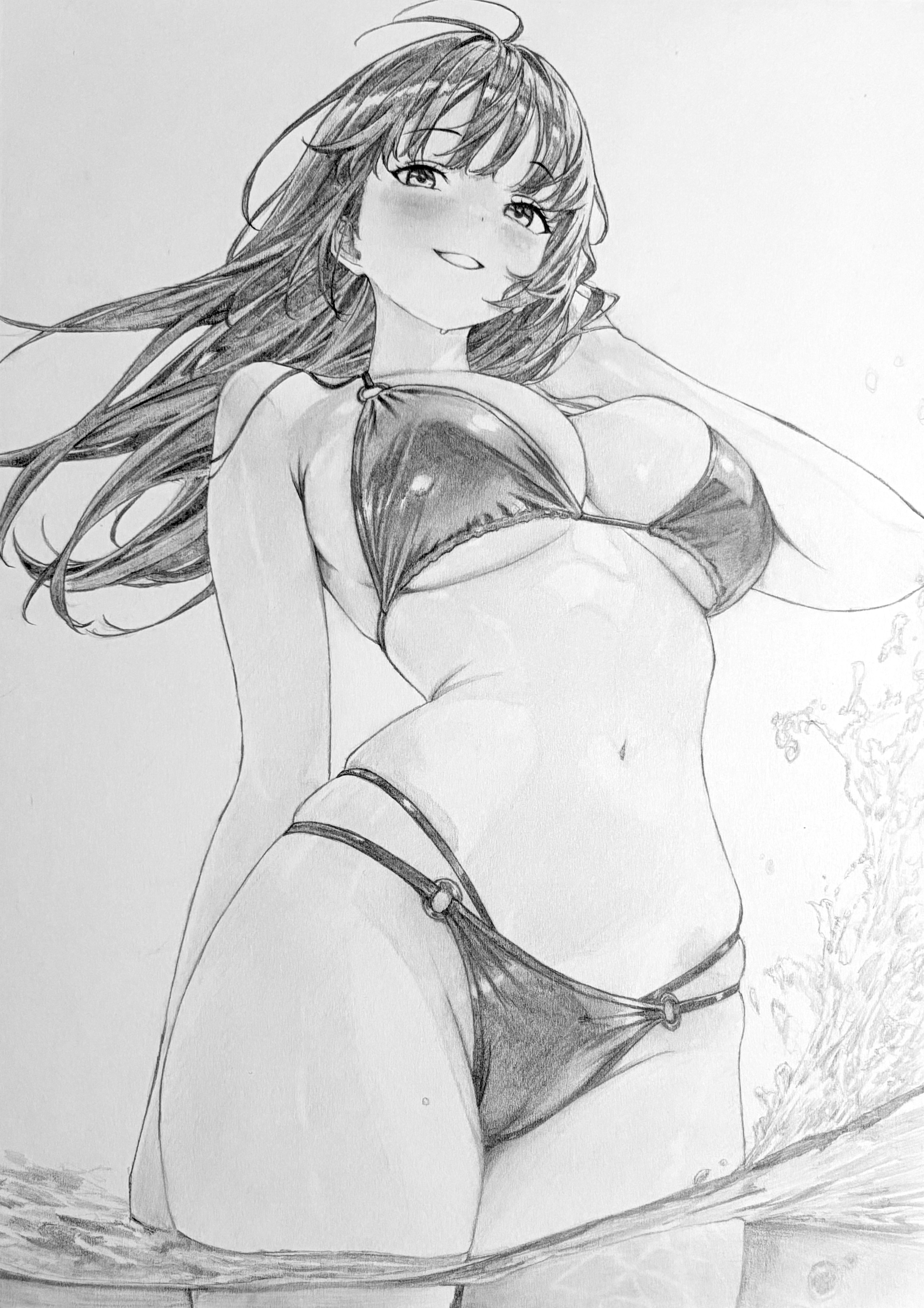 lensia, original, absurdres, commentary request, graphite (medium), highres, traditional media, 1girl, bikini, blush, breasts, floating hair, greyscale, grin, hand in own hair, hand up, large breasts, long hair, looking at viewer, monochrome, multi-strapped bikini bottom, navel, o-ring, o-ring bikini, smile, solo, splashing, stomach, swimsuit, wading, water, wind