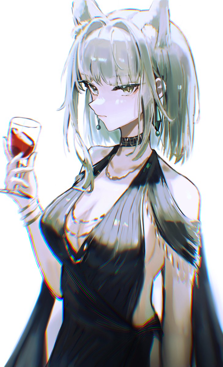 sakiyo, kal'tsit (arknights), arknights, highres, animal ears, black choker, black dress, cat ears, choker, cup, dress, drinking glass, green eyes, green hair, jewelry, pale skin, short hair, sleeveless, wine glass
