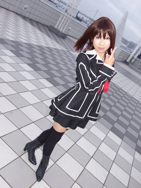 torai aki, kurosu yuuki, vampire knight, photo (medium), 1girl, armband, asian, boots, cosplay, female focus, kurosu yuuki (cosplay), looking at viewer, outdoors, school uniform, solo, thighhighs, zettai ryouiki