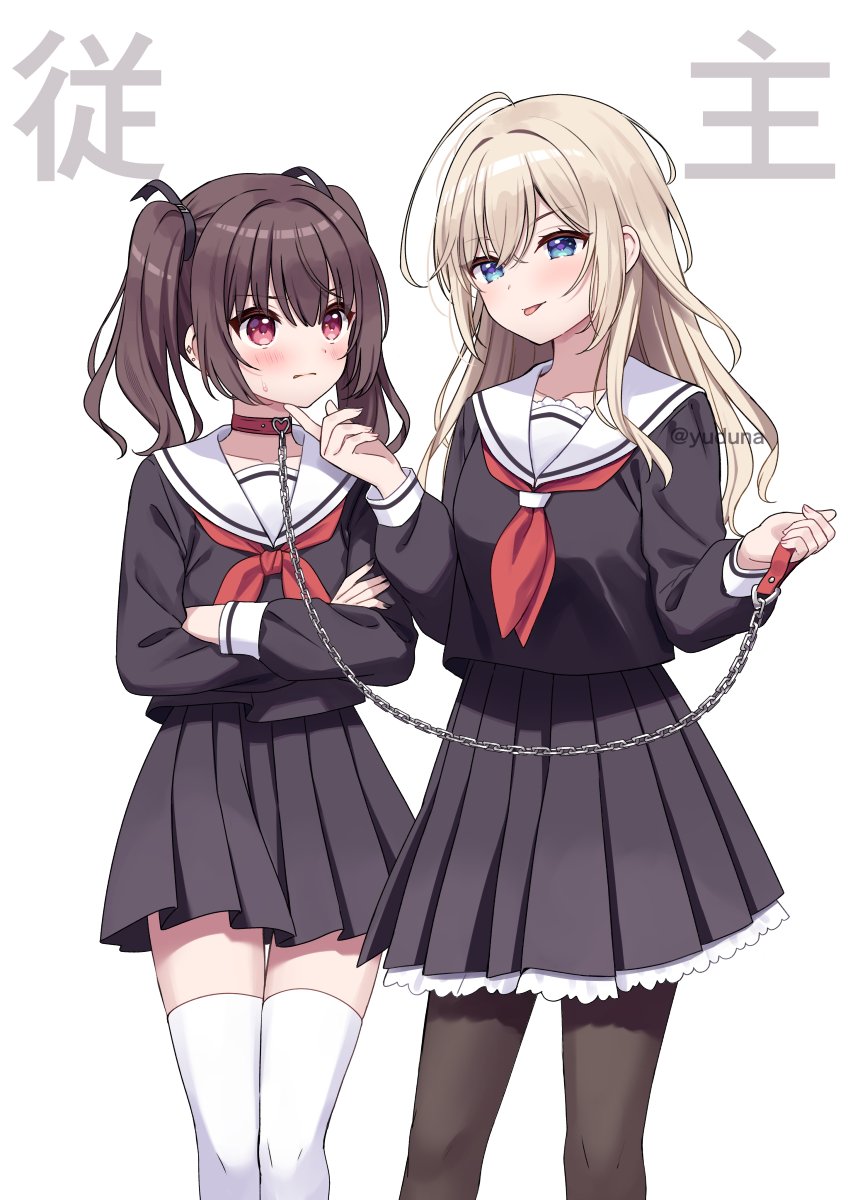sumisaki yuzuna, original, highres, 2girls, black skirt, blonde hair, blue eyes, brown hair, chain, closed mouth, collar, leash, long hair, multiple girls, neckerchief, pantyhose, pleated skirt, red collar, red eyes, red neckerchief, sailor collar, school uniform, serafuku, shirt, skirt, thighhighs, tongue, tongue out, twintails, white background, white thighhighs, yuri