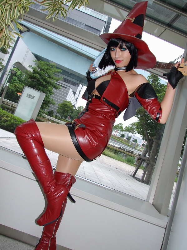 minami miki, i-no, arc system works, guilty gear, photo (medium), bare shoulders, boots, cosplay, guitar, hat, instrument, thigh boots, thighhighs, witch hat