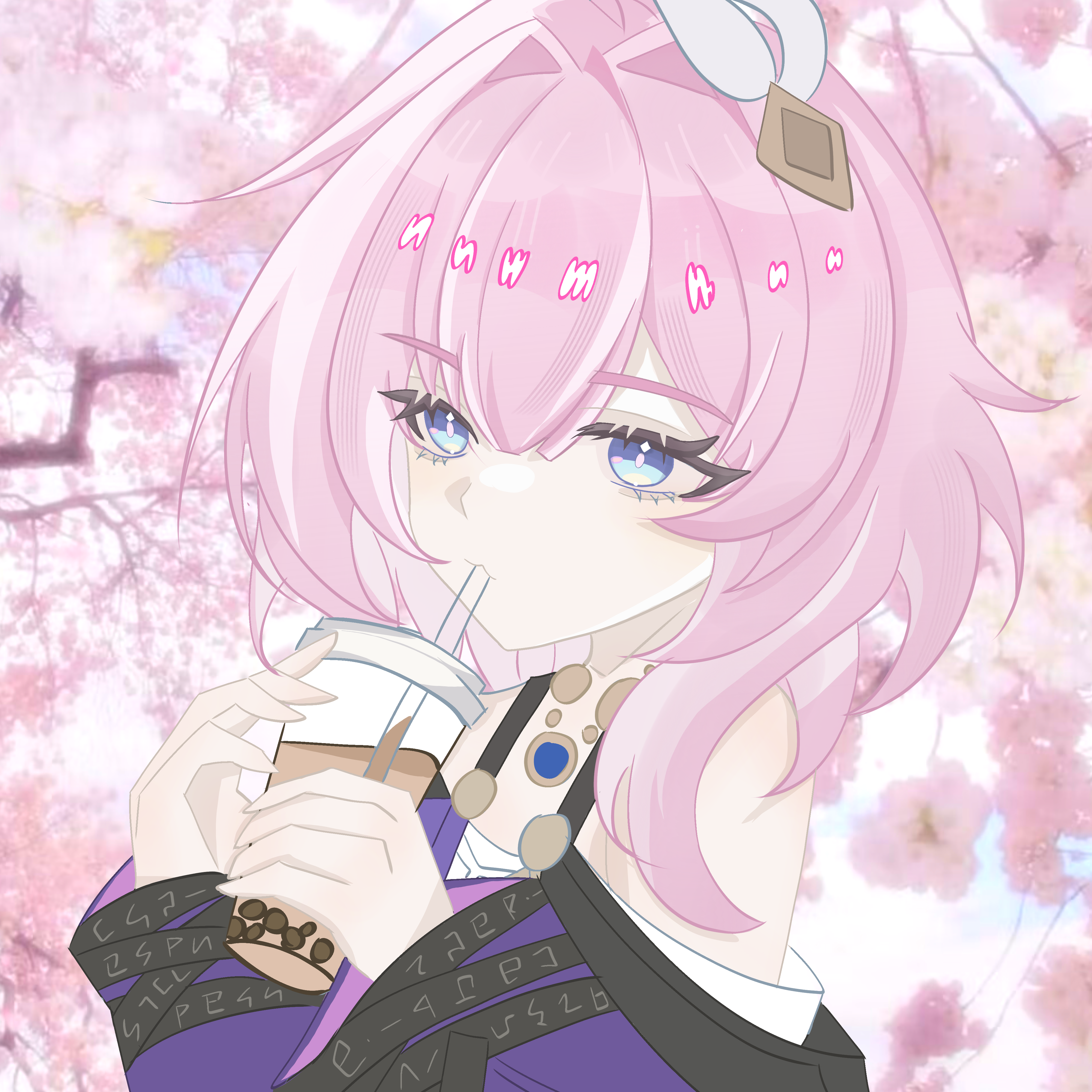 cyrene (honkai: star rail), honkai: star rail, honkai (series), absurdres, chinese commentary, commentary request, highres, 1girl, bare shoulders, blue eyes, bubble tea, cherry blossoms, coat, cup, disposable cup, drink, drinking straw, hair ornament, hane g, holding, holding cup, jewelry, necklace, pink hair, purple coat, short hair, solo
