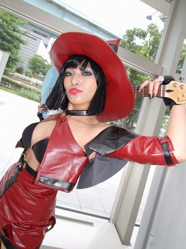 minami miki, i-no, arc system works, guilty gear, photo (medium), bare shoulders, boots, cosplay, guitar, hat, instrument, thigh boots, thighhighs, witch hat