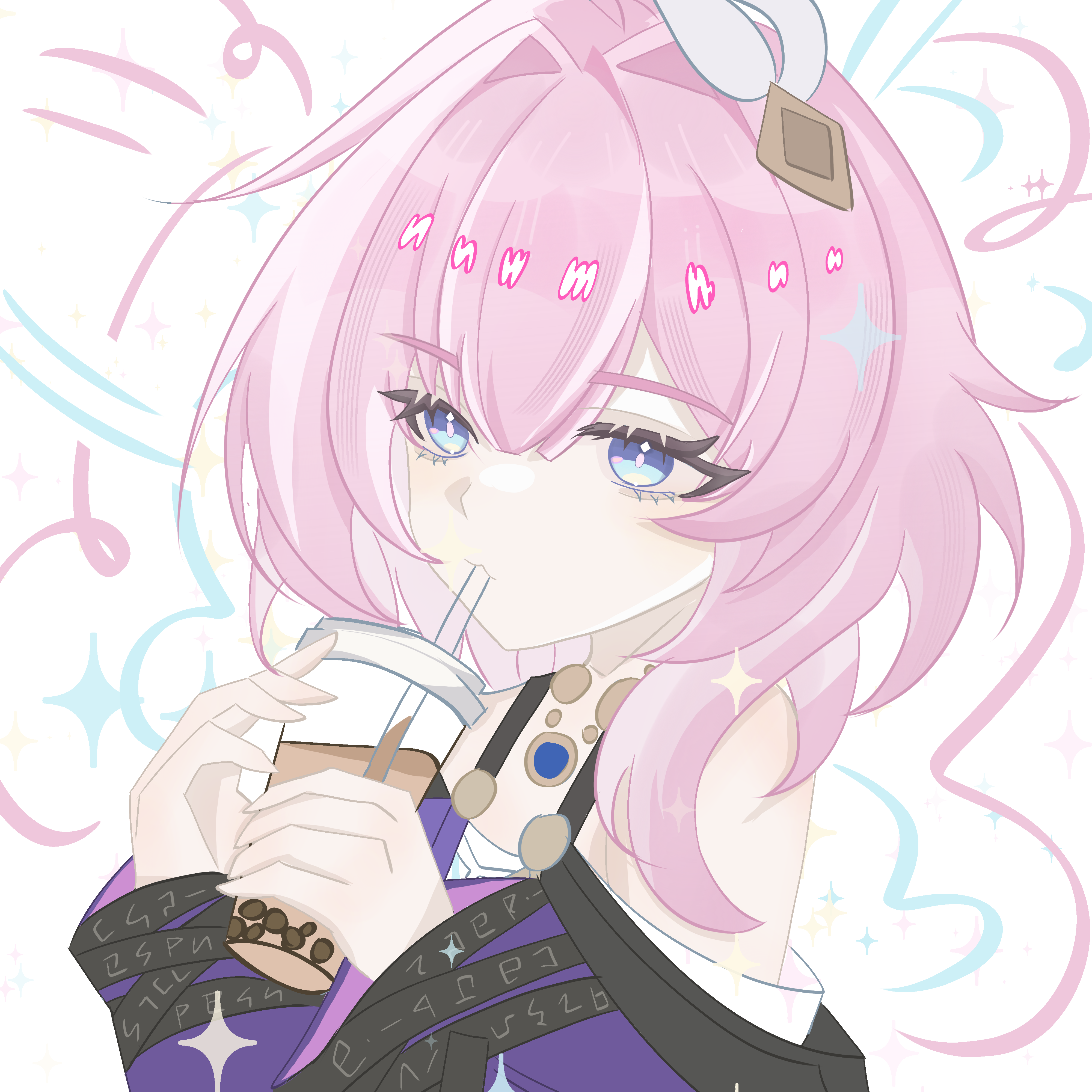 cyrene (honkai: star rail), honkai: star rail, honkai (series), absurdres, chinese commentary, commentary request, highres, 1girl, bare shoulders, blue eyes, bubble tea, coat, cup, disposable cup, drink, drinking straw, hair ornament, hane g, holding, holding cup, jewelry, necklace, pink hair, purple coat, short hair, solo, white background