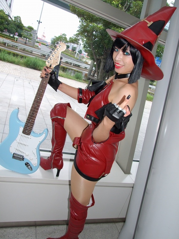 minami miki, i-no, arc system works, guilty gear, photo (medium), bare shoulders, boots, cosplay, guitar, hat, instrument, thigh boots, thighhighs, witch hat