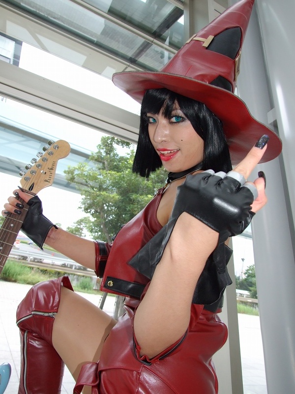 minami miki, i-no, arc system works, guilty gear, photo (medium), bare shoulders, boots, cosplay, guitar, hat, instrument, thigh boots, thighhighs, witch hat