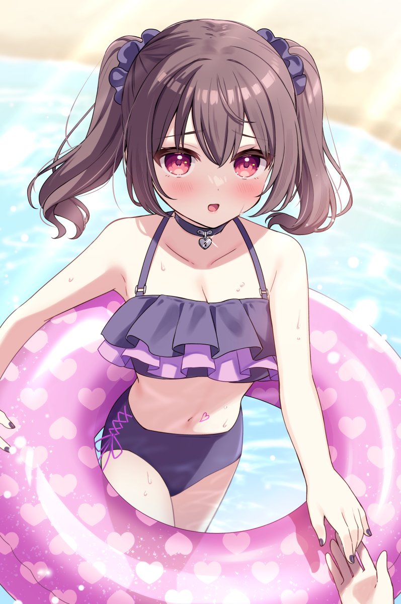 sumisaki yuzuna, original, highres, 1girl, bikini, black choker, blush, breasts, brown hair, choker, cleavage, collarbone, frilled bikini, frills, heart, heart choker, innertube, looking at viewer, navel, open mouth, purple bikini, red eyes, solo, swim ring, swimsuit, twintails