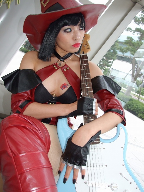 minami miki, i-no, arc system works, guilty gear, photo (medium), bare shoulders, boots, cosplay, guitar, hat, instrument, tattoo, thigh boots, thighhighs, witch hat