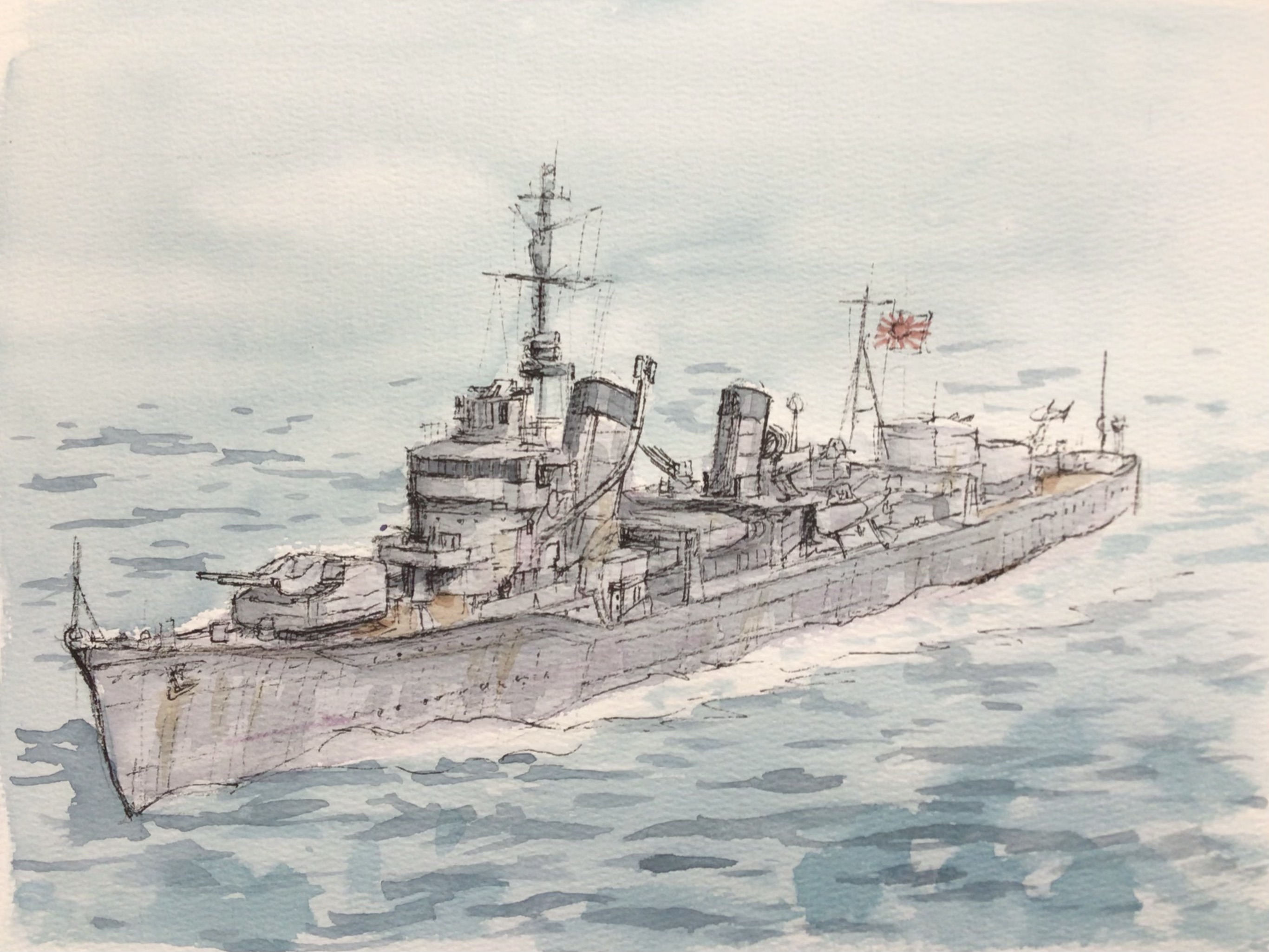 atelier bono, original, commentary request, highres, painting (medium), traditional media, watercolor (medium), anti-aircraft, anti-aircraft gun, cannon, cloud, cloudy sky, destroyer, flag, imperial japanese navy, mast, military, military vehicle, no humans, ocean, rising sun flag, sailing, ship, ship turret, sky, smokestack, sunburst, type 96 aa gun, vehicle focus, warship, watercraft, waves