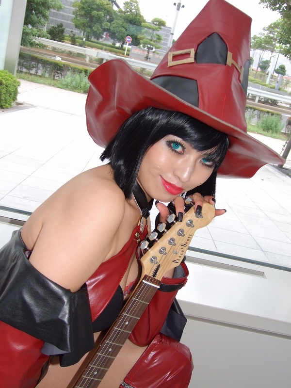 minami miki, i-no, arc system works, guilty gear, photo (medium), bare shoulders, boots, cosplay, guitar, hat, instrument, thigh boots, thighhighs, witch hat