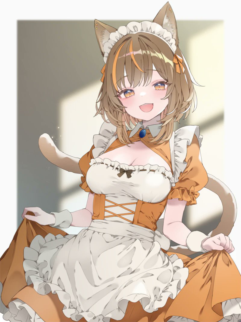re re merry, original, 1girl, animal ears, apron, breasts, brown hair, cat ears, cat girl, cat tail, cleavage, dress, looking at viewer, maid, maid headdress, medium breasts, multicolored hair, orange dress, puffy short sleeves, puffy sleeves, short sleeves, smile, solo, streaked hair, tail, white apron, wrist cuffs