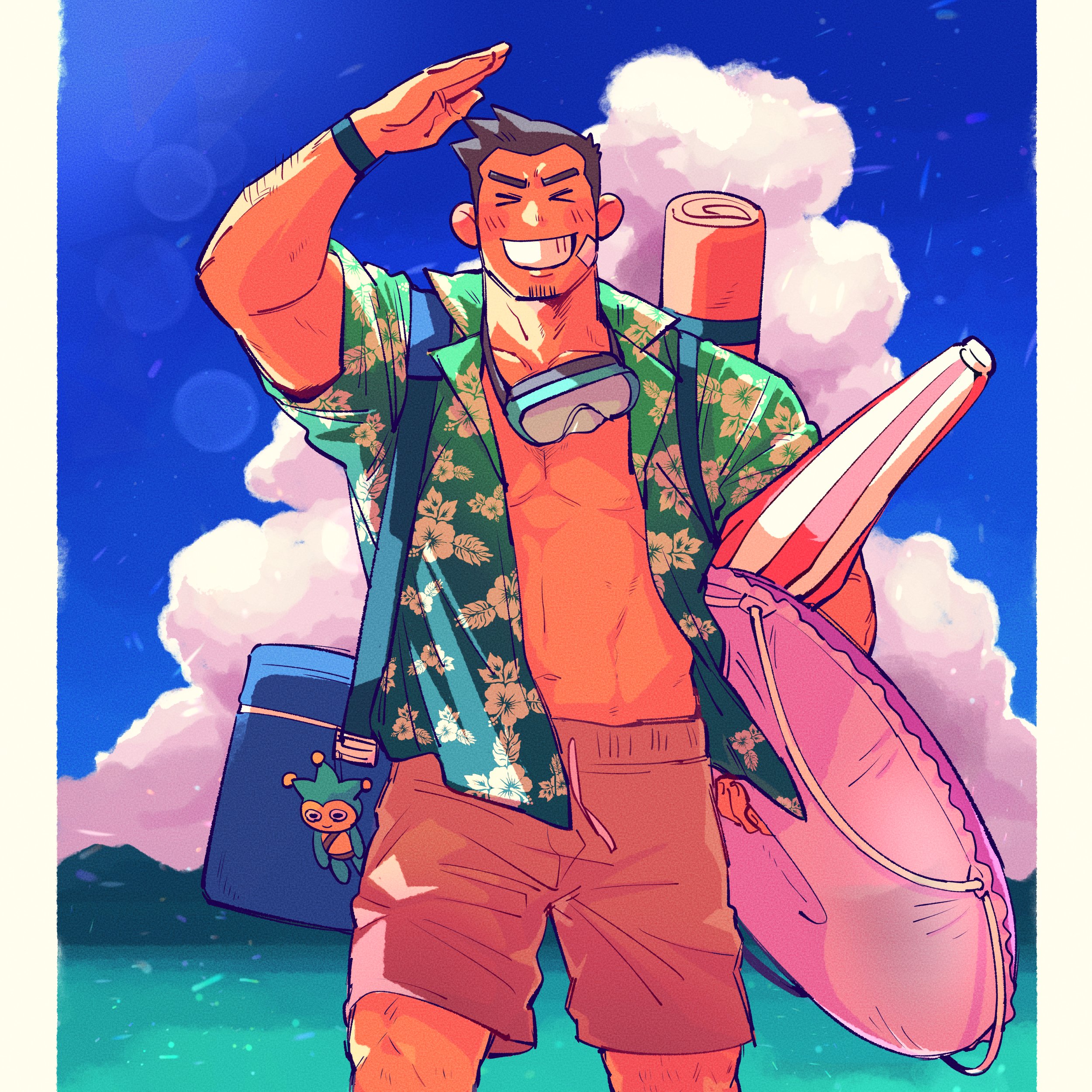 yowasabimechaoc, blue badger, dick gumshoe, ace attorney, absurdres, commentary, highres, > <, 1boy, arm hair, bandaid, bandaid on cheek, bandaid on face, black hair, blue sky, cloud, cooler, diving mask, diving mask around neck, facial hair, goatee, goggles, green shirt, grin, hawaiian shirt, innertube, leg hair, light blush, mat, muscular, muscular male, open clothes, open shirt, parasol, salute, shirt, short hair, sky, smile, summer, swim ring, swimsuit, umbrella