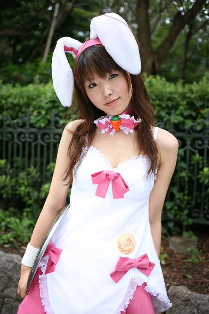 hinako (cosplayer), character request, photo (medium), source request, animal ears, apron, cosplay, rabbit ears, tray, waitress