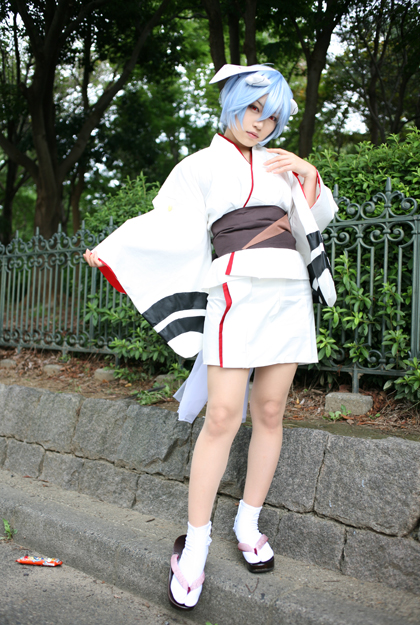 ayanami rei, iori, neon genesis evangelion, photo (medium), blue hair, cosplay, fox mask, japanese clothes, kimono, mask, yukata