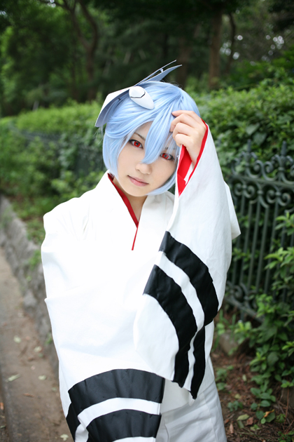 ayanami rei, iori, neon genesis evangelion, photo (medium), blue hair, cosplay, fox mask, japanese clothes, kimono, mask, yukata