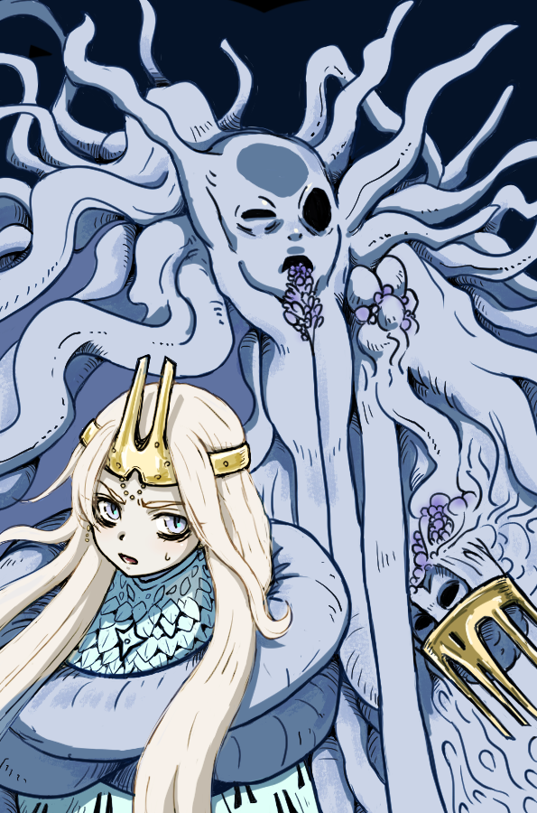tower dungeon, commentary, 1girl, 1other, blonde hair, blue capelet, bound, capelet, crown, death, gold crown, hollow eyes, king (tower dungeon), long hair, necromancer (tower dungeon), nihekura iron, open mouth, princess ignelia, purple eyes, scales, sidelocks, slit pupils, sweatdrop, tentacles, tied up (nonsexual), uneven eyes, v-shaped eyebrows