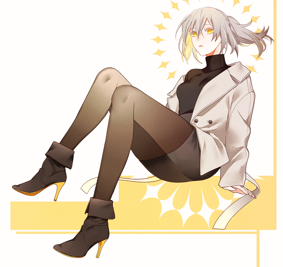 user ysfe5483, stelle (honkai: star rail), trailblazer (honkai: star rail), honkai: star rail, honkai (series), commentary request, 1girl, alternate costume, alternate hairstyle, black boots, black skirt, black sweater, blonde hair, boots, breasts, brown pantyhose, buttons, closed mouth, colored inner hair, floating hair, full body, grey hair, hair between eyes, high-waist skirt, high heel boots, high heels, high ponytail, jacket, lapels, long hair, long sleeves, looking at viewer, medium breasts, multicolored hair, open clothes, open jacket, pantyhose, ponytail, sidelocks, sitting, skirt, solo, star (symbol), sweater, turtleneck, turtleneck sweater, white background, white jacket, yellow eyes