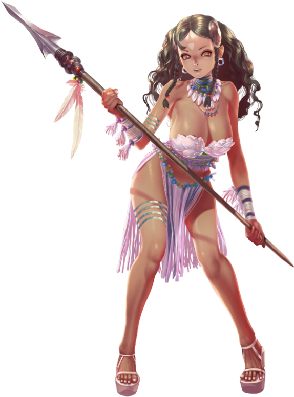 crystal maiden (series), artist request, game cg, official art, variant set, 1girl, bare arms, bare legs, bare shoulders, braid, breasts, brown eyes, brown hair, cleavage, closed mouth, collar, dark skin, earrings, eloe (crystal maidens), feathers, full body, holding, holding polearm, holding weapon, jewelry, large breasts, loincloth, necklace, polearm, solo, spear, transparent background, tribal, weapon