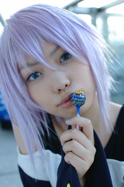 shirayuki mizore, rosario+vampire, photo (medium), belt as garter, candy, cosplay, kaieda kae, lollipop, purple hair, tank top