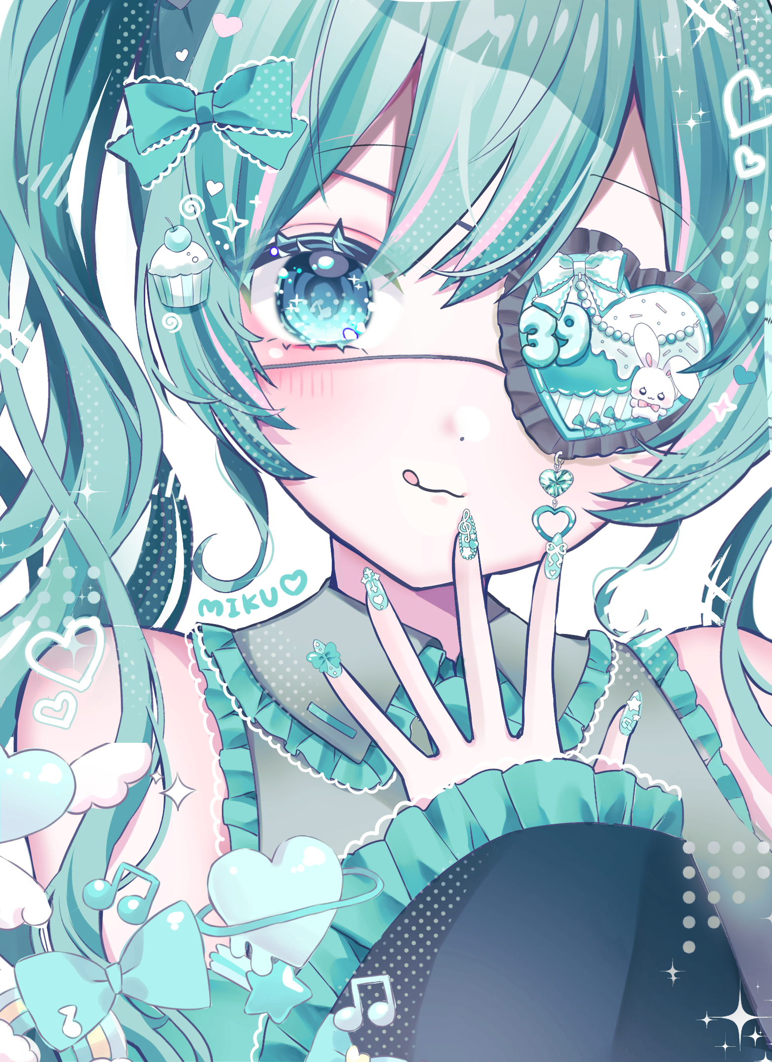 chibana sora, hatsune miku, vocaloid, highres, 1girl, :3, :q, aqua eyes, aqua hair, aqua nails, aqua necktie, bare shoulders, blush, bow, collared shirt, cupcake, detached sleeves, eyepatch, food, frilled shirt, frills, grey shirt, hair bow, heart, long hair, looking at viewer, miku day, musical note, nail art, nail polish, necktie, shirt, sleeveless, sleeveless shirt, smile, solo, sparkle, tongue, tongue out, twintails, white background