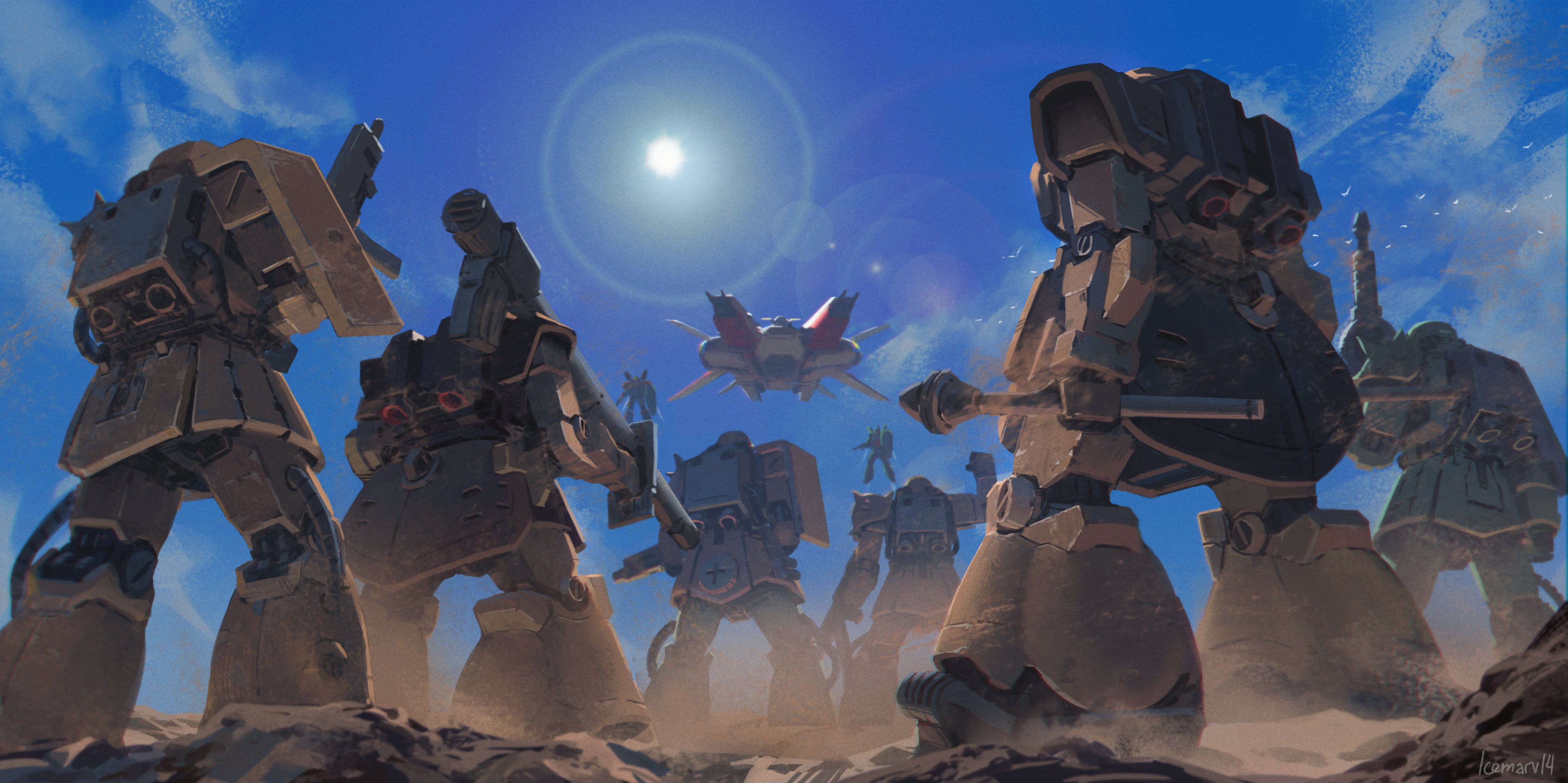icemarv14, albion (gundam), dom tropen, gm custom, zaku ii, zaku ii f2, gundam, gundam 0083, absurdres, commentary, commission, english commentary, highres, arm up, artist name, bazooka (gundam), blue sky, cloud, day, desert, from behind, from below, gun, holding, holding gun, holding weapon, lens flare, mecha, mecha focus, mobile suit, no humans, outdoors, robot, sand, science fiction, shoulder spikes, sky, spacecraft, spikes, standing, sturm faust, sun, thrusters, weapon