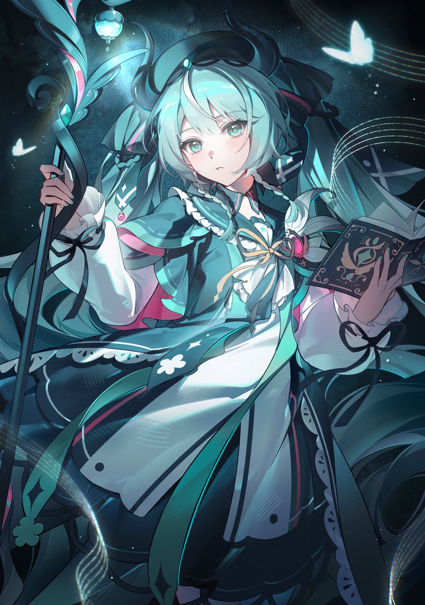 kanvien, hatsune miku, vocaloid, highres, 1girl, aqua eyes, aqua hair, aqua nails, aqua theme, black ribbon, book, braid, bug, butterfly, dress, frilled sleeves, frills, holding, holding book, holding staff, insect, long hair, long sleeves, looking at viewer, neck ribbon, open book, parted lips, ribbon, solo, staff, twintails, very long hair