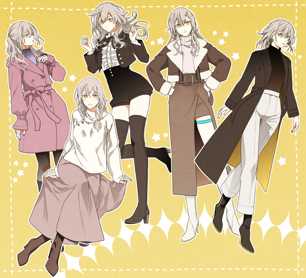 user ysfe5483, stelle (honkai: star rail), trailblazer (honkai: star rail), honkai: star rail, honkai (series), commentary request, 1girl, alternate costume, alternate hair length, alternate hairstyle, baggy shorts, belt, black boots, black bow, black bowtie, black coat, black jacket, black pantyhose, black shorts, blush, boots, bow, bowtie, braid, breasts, brown belt, brown boots, brown jacket, brown skirt, buttons, closed mouth, coat, collared shirt, crossed legs, frills, full body, fur-trimmed jacket, fur-trimmed sleeves, fur trim, grey hair, hair between eyes, hair ornament, hairclip, hand up, hands on own hips, hands up, high heel boots, high heels, jacket, lapels, long hair, long sleeves, looking at viewer, low-braided long hair, low-tied long hair, medium breasts, multiple views, open clothes, open jacket, pants, pantyhose, pink coat, pink skirt, puffy long sleeves, puffy sleeves, purple sweater, shirt, short hair, shorts, sidelocks, single braid, skirt, smile, standing, standing on one leg, star (symbol), star hair ornament, star symbol background, sweater, thigh boots, thigh strap, turtleneck, turtleneck sweater, wavy hair, white pants, white shirt, white sweater, yellow background, yellow eyes