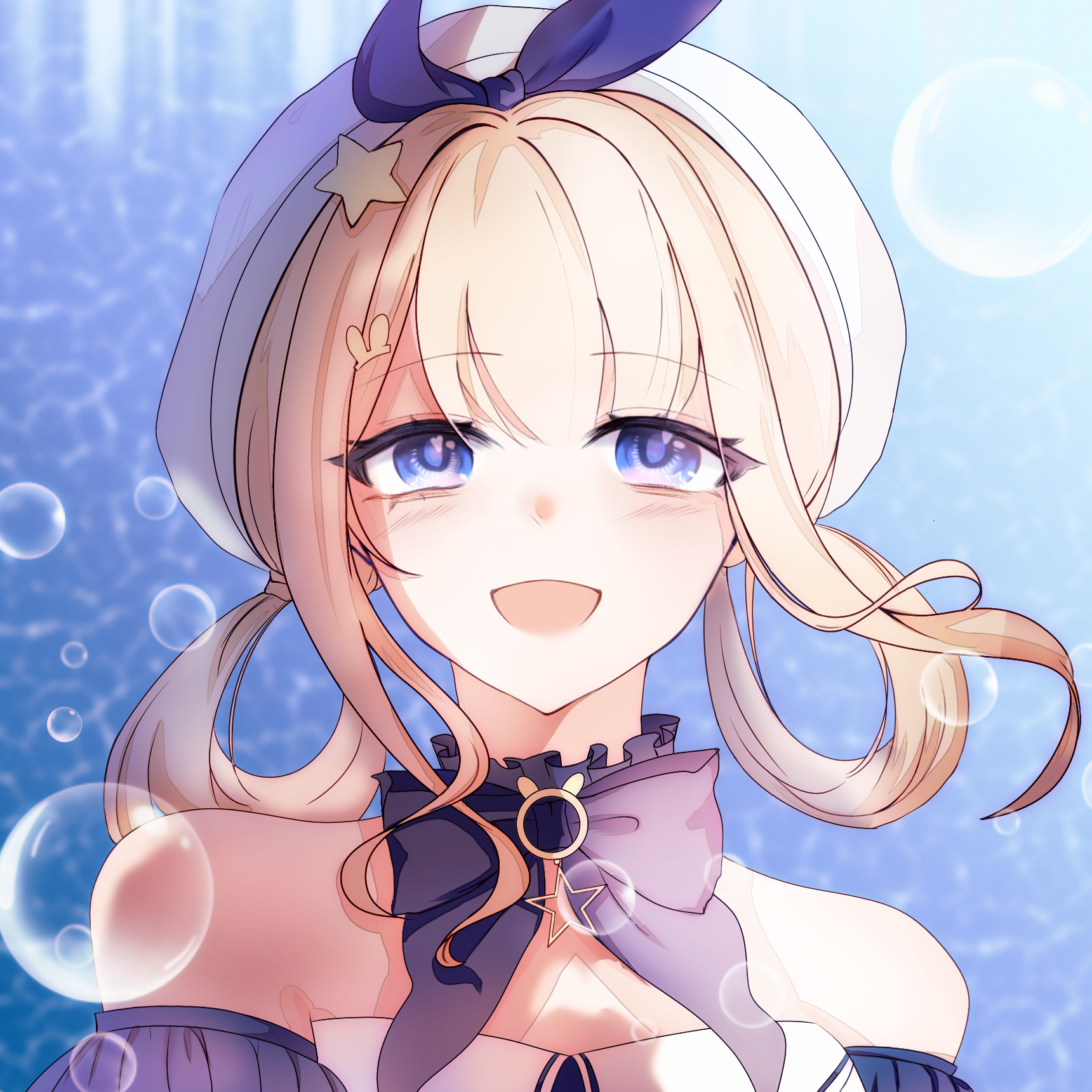 bubbly voyage (infinity nikki), infinity nikki, nikki (series), highres, 1girl, bare shoulders, beret, blonde hair, blue background, blue bow, blue bowtie, blue brooch, blue choker, blue dress, blue eyes, blue sleeves, bow, bow choker, bowtie, brooch, bubble, choker, collared dress, detached sleeves, dot nose, dress, eyelashes, eyes visible through hair, floating hair, frilled choker, frilled sleeves, frills, hair ornament, hair rings, hair tie, hairclip, happy, hat, hat bow, jewelry, lanshang91621, light blush, looking at viewer, open mouth, short hair with long locks, short sleeves, sidelocks, smile, solo, star (symbol), star choker, star hair ornament, strapless, strapless dress, upper body, water, white hat, wind