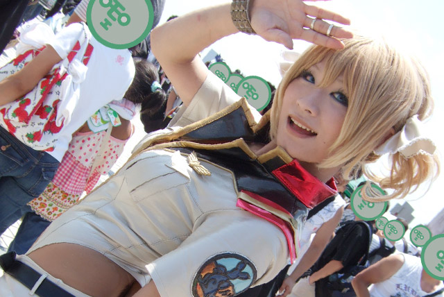 catherine blitzen, kobayakawa saiko (model), gundam, gundam 0079, gundam 0079 card builder, photo (medium), blonde hair, bow, cosplay, hair bow, microskirt, skirt, twintails