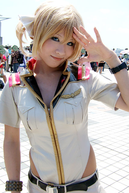 catherine blitzen, kobayakawa saiko (model), gundam, gundam 0079, gundam 0079 card builder, photo (medium), blonde hair, bow, cosplay, hair bow, microskirt, skirt, twintails