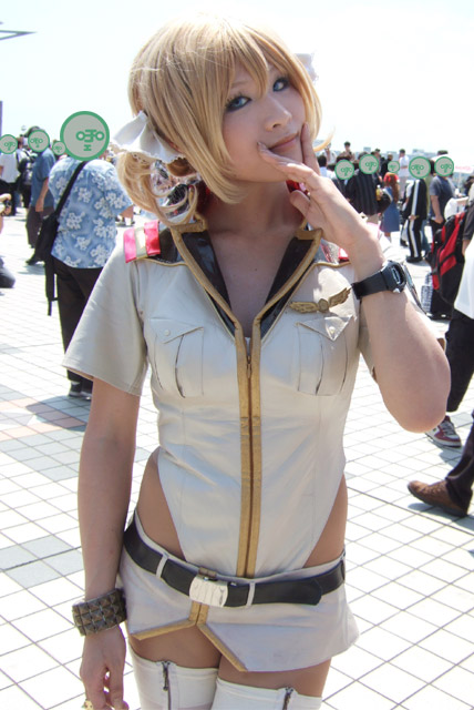 catherine blitzen, kobayakawa saiko (model), gundam, gundam 0079, gundam 0079 card builder, photo (medium), blonde hair, bow, cosplay, hair bow, microskirt, skirt, thighhighs, twintails, zettai ryouiki