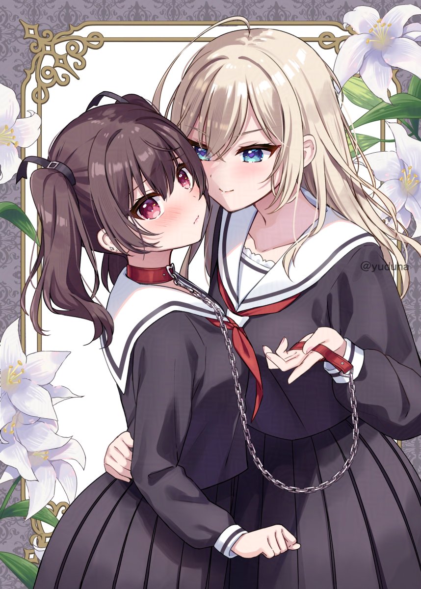 sumisaki yuzuna, original, highres, 2girls, black serafuku, black shirt, black skirt, blonde hair, blue eyes, blush, chain, closed mouth, collar, floral background, flower, hair between eyes, lily (flower), long hair, multiple girls, pleated skirt, red collar, red eyes, sailor collar, school uniform, serafuku, shirt, skirt, twintails, twitter username, yuri