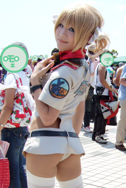 catherine blitzen, kobayakawa saiko (model), gundam, gundam 0079, gundam 0079 card builder, photo (medium), ass, blonde hair, bow, cosplay, hair bow, microskirt, skirt, thighhighs, twintails