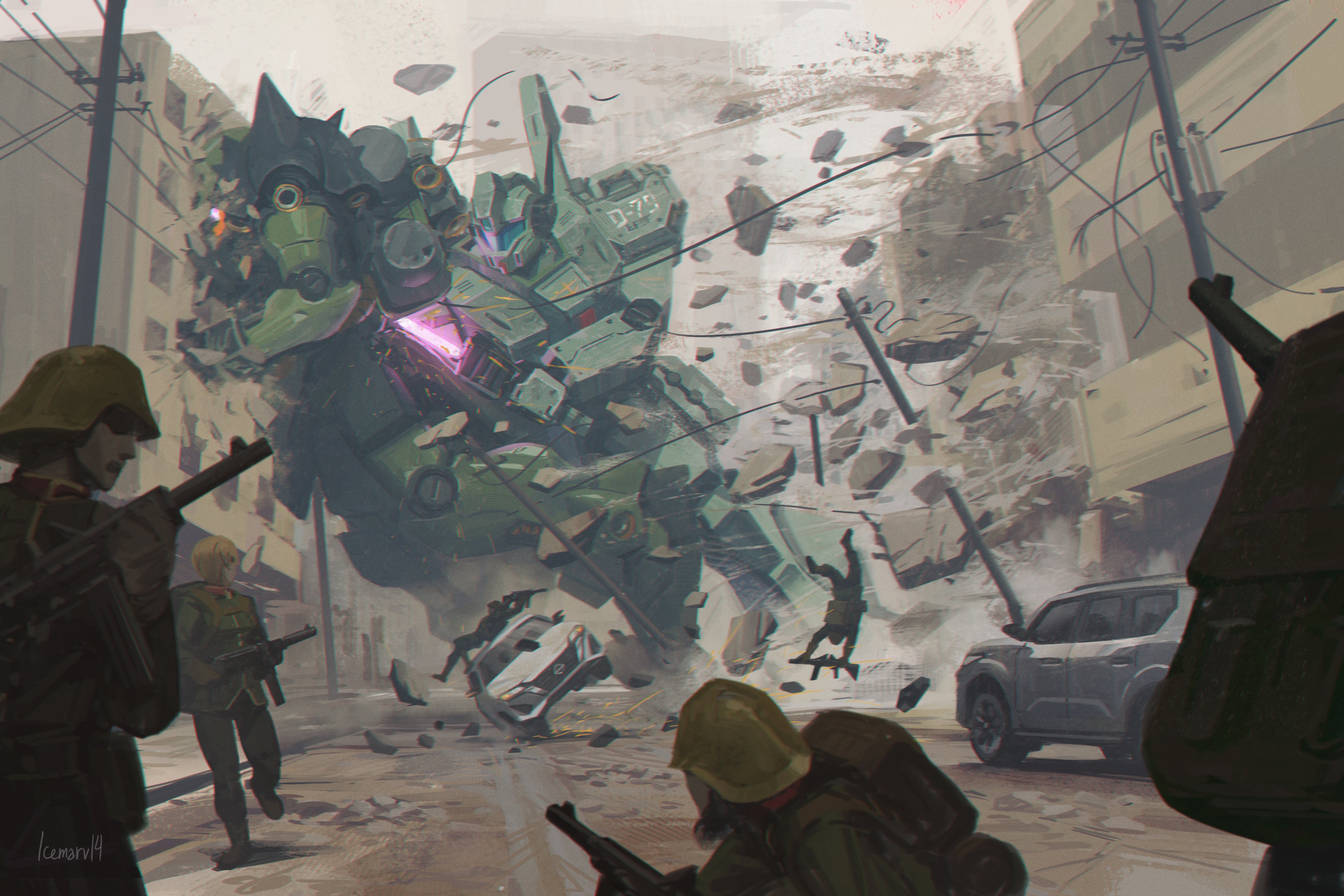 icemarv14, geara doga, jegan, char's counterattack, gundam, absurdres, commentary, english commentary, highres, artist name, assault rifle, assault visor, backpack, bag, battle, blonde hair, blue visor, building, car, city, combat helmet, debris, destruction, earth federation, energy sword, green jacket, gun, helmet, holding, holding sword, holding weapon, jacket, mecha, mecha focus, midair, mobile suit, motor vehicle, power lines, rifle, road, robot, science fiction, shoulder spikes, soldier, spikes, sports utility vehicle, street, sword, tackle, utility pole, war, weapon, zeon
