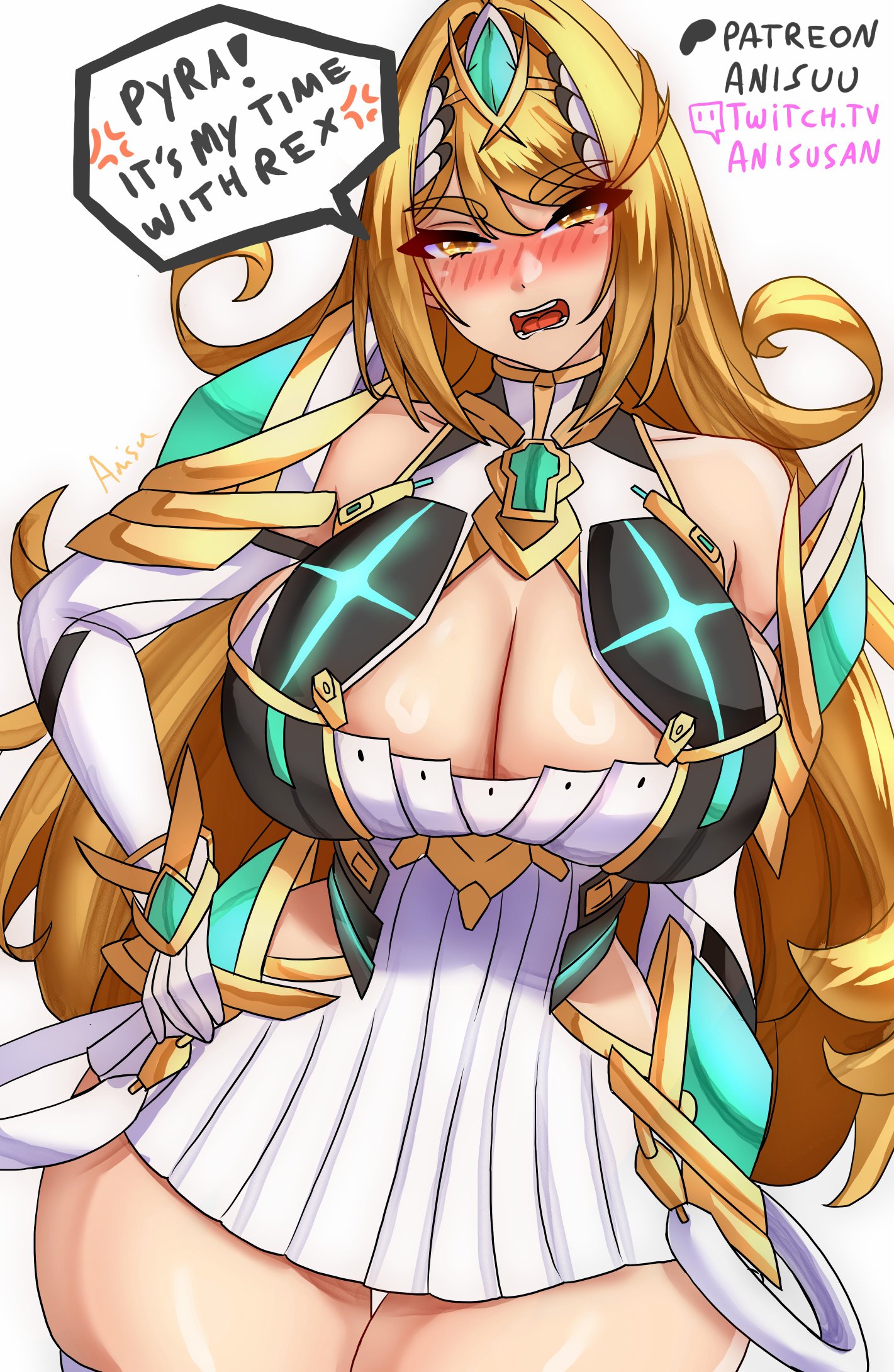 anisdrawn, mythra (xenoblade), xenoblade chronicles (series), xenoblade chronicles 2, highres, 1girl, bare shoulders, blonde hair, blush, breasts, chest jewel, cleavage, core crystal (xenoblade), dress, elbow gloves, english text, gem, gloves, headpiece, jewelry, large breasts, long hair, looking at viewer, microdress, open mouth, simple background, solo, speech bubble, swept bangs, teeth, tiara, very long hair, white background, yellow eyes