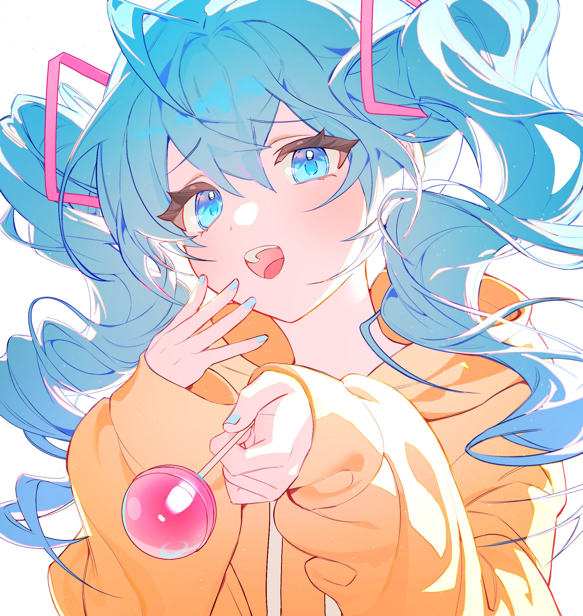 flat fish990, hatsune miku, vocaloid, highres, 1girl, aqua nails, blue eyes, blue hair, blue nails, candy, drawstring, drill hair, food, hair between eyes, holding, holding candy, holding food, holding lollipop, hood, hood down, hoodie, lollipop, long hair, long sleeves, looking at viewer, nail polish, open mouth, orange hoodie, simple background, solo, teeth, twintails, upper body, white background