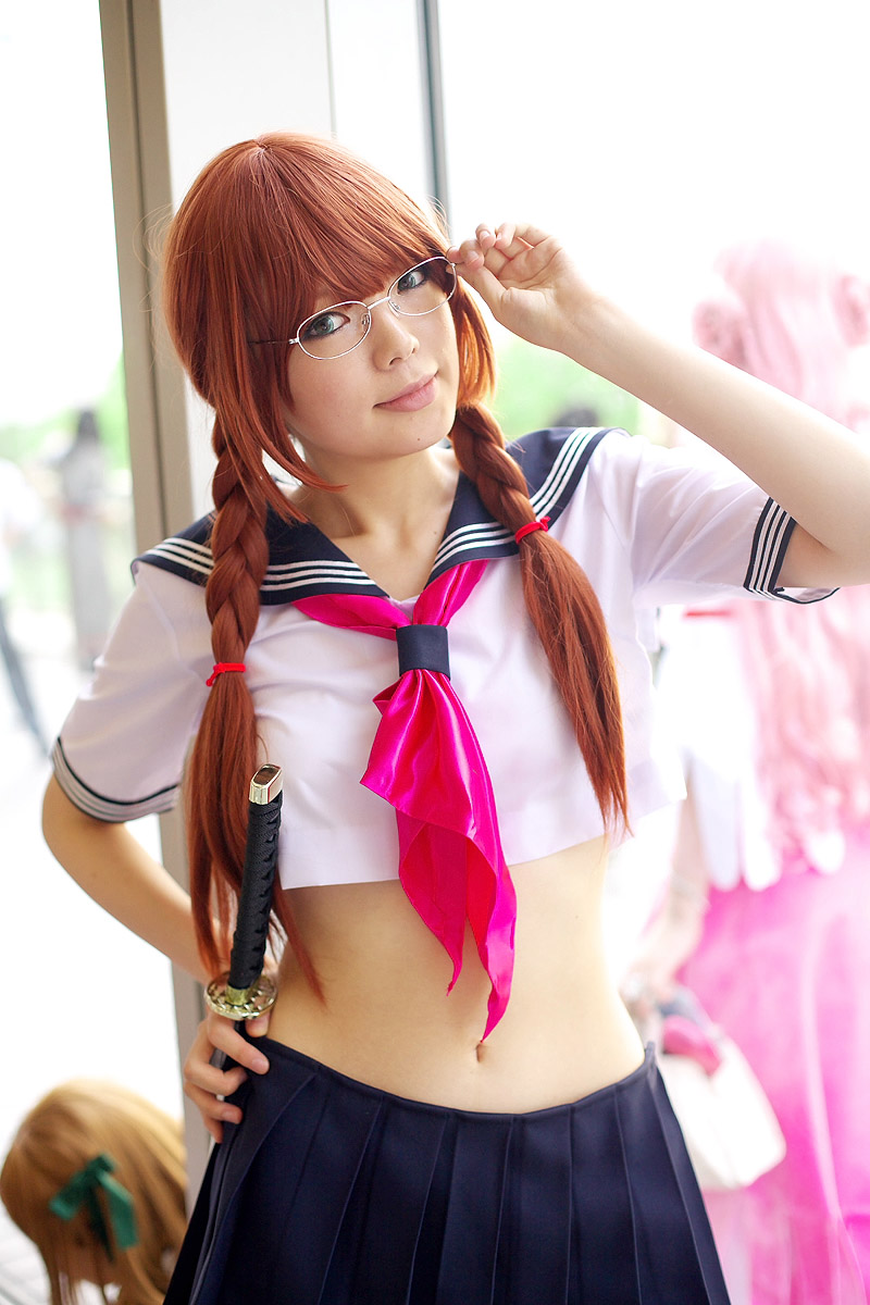 namada, arisugawa shii, the art of yamashita shunya, highres, photo (medium), 1girl, arisugawa shii (cosplay), asian, blue eyes, braid, brown hair, color contacts, contrapposto, cosplay, crop top, female focus, glasses, lensless glasses, long hair, looking at viewer, midriff, navel, pleated skirt, sailor, school uniform, serafuku, short sleeves, skirt, solo, standing, sword, twin braids, weapon