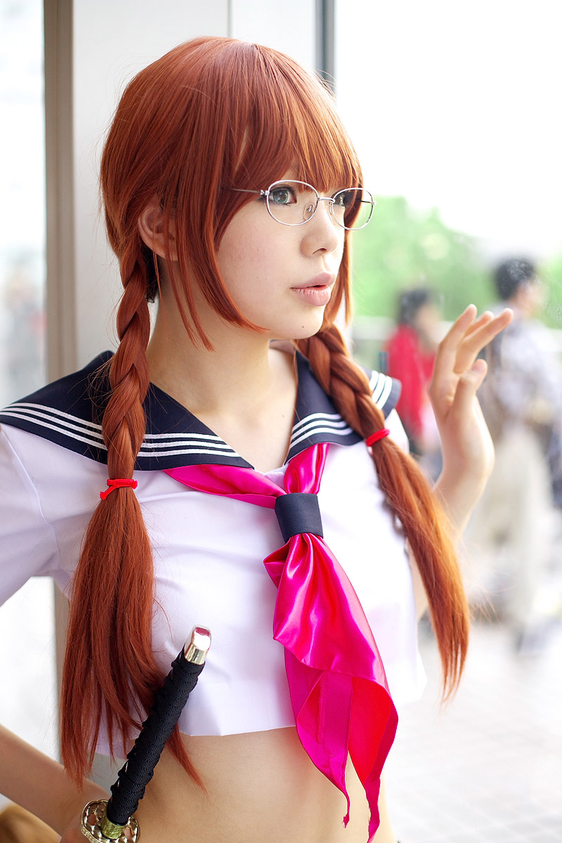 namada, arisugawa shii, the art of yamashita shunya, highres, photo (medium), 1girl, against glass, aqua eyes, arisugawa shii (cosplay), asian, blue eyes, blurry, braid, brown hair, color contacts, cosplay, crop top, depth of field, female focus, glasses, green eyes, indoors, lensless glasses, long hair, looking afar, midriff, sailor, school uniform, serafuku, short sleeves, solo, sword, twin braids, weapon
