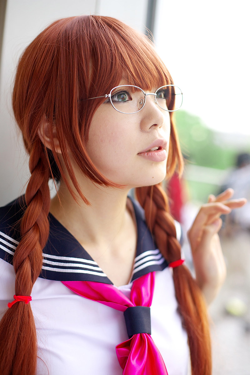 namada, arisugawa shii, the art of yamashita shunya, highres, photo (medium), 1girl, against glass, aqua eyes, arisugawa shii (cosplay), asian, blue eyes, blurry, braid, brown hair, color contacts, cosplay, depth of field, female focus, glasses, green eyes, indoors, lensless glasses, long hair, looking afar, mole, sailor, school uniform, serafuku, short sleeves, solo, twin braids