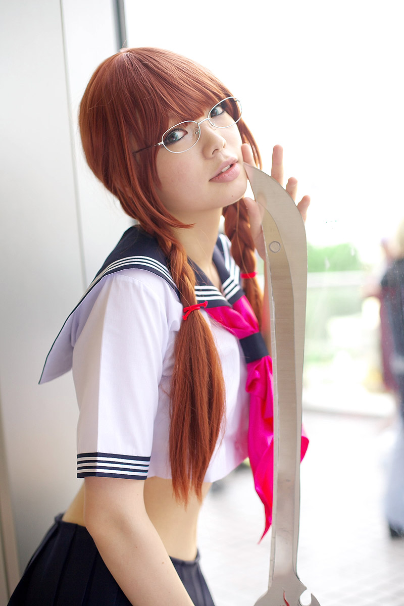 namada, arisugawa shii, the art of yamashita shunya, highres, photo (medium), 1girl, against glass, aqua eyes, arisugawa shii (cosplay), asian, blue eyes, blurry, braid, brown hair, color contacts, cosplay, crop top, depth of field, female focus, glasses, green eyes, indoors, lensless glasses, long hair, looking at viewer, midriff, pleated skirt, sailor, school uniform, serafuku, short sleeves, skirt, solo, sword, twin braids, weapon