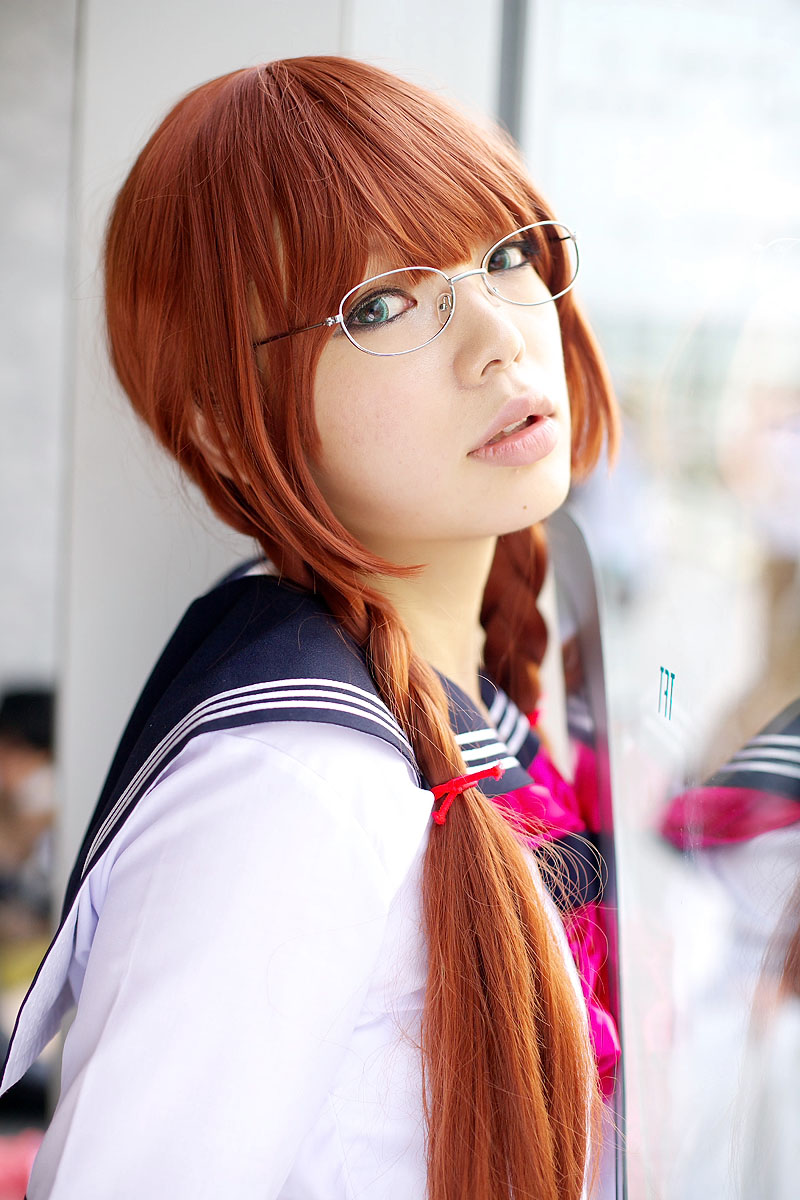 namada, arisugawa shii, the art of yamashita shunya, highres, photo (medium), 1girl, against glass, aqua eyes, arisugawa shii (cosplay), asian, blue eyes, blurry, braid, brown hair, color contacts, cosplay, depth of field, female focus, glasses, green eyes, indoors, lensless glasses, long hair, looking at viewer, sailor, school uniform, serafuku, short sleeves, solo, sword, twin braids, weapon