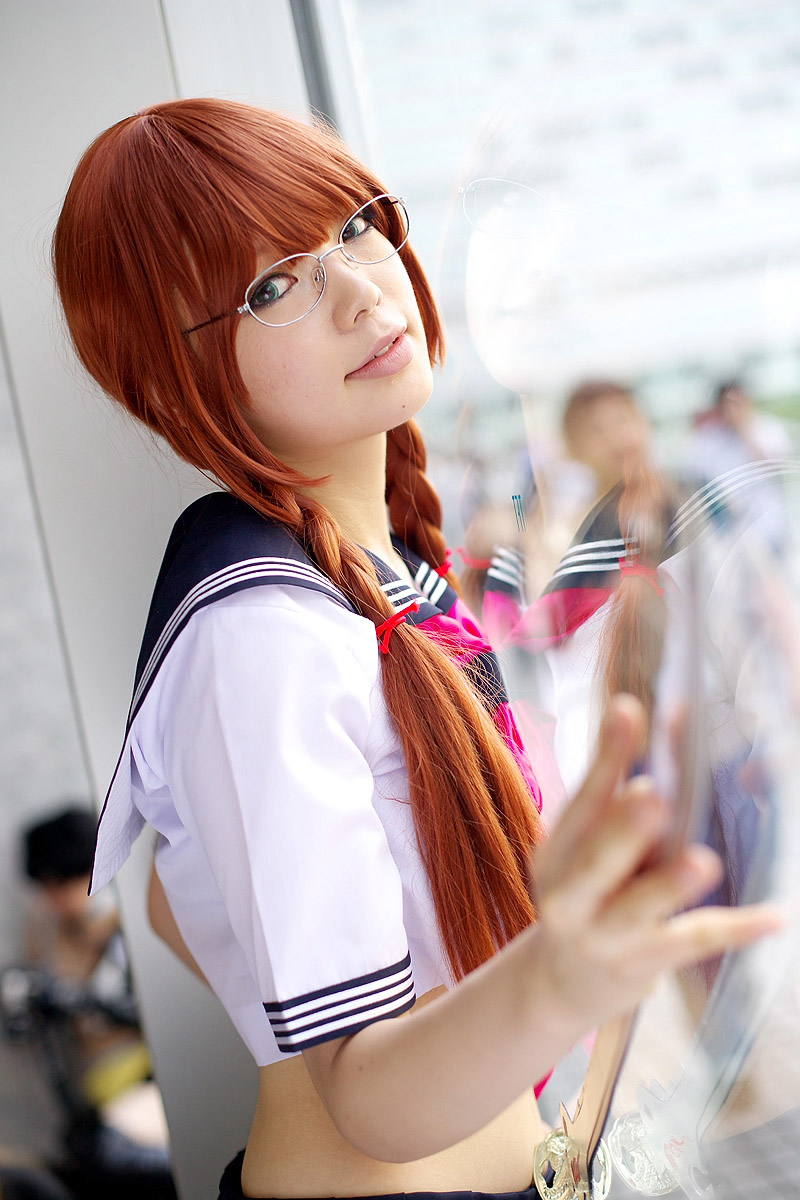 namada, arisugawa shii, the art of yamashita shunya, highres, photo (medium), 1girl, against glass, aqua eyes, arisugawa shii (cosplay), asian, blue eyes, blurry, braid, brown hair, color contacts, cosplay, crop top, depth of field, female focus, glasses, green eyes, indoors, lensless glasses, long hair, looking at viewer, midriff, pleated skirt, sailor, school uniform, serafuku, short sleeves, skirt, solo, sword, twin braids, weapon