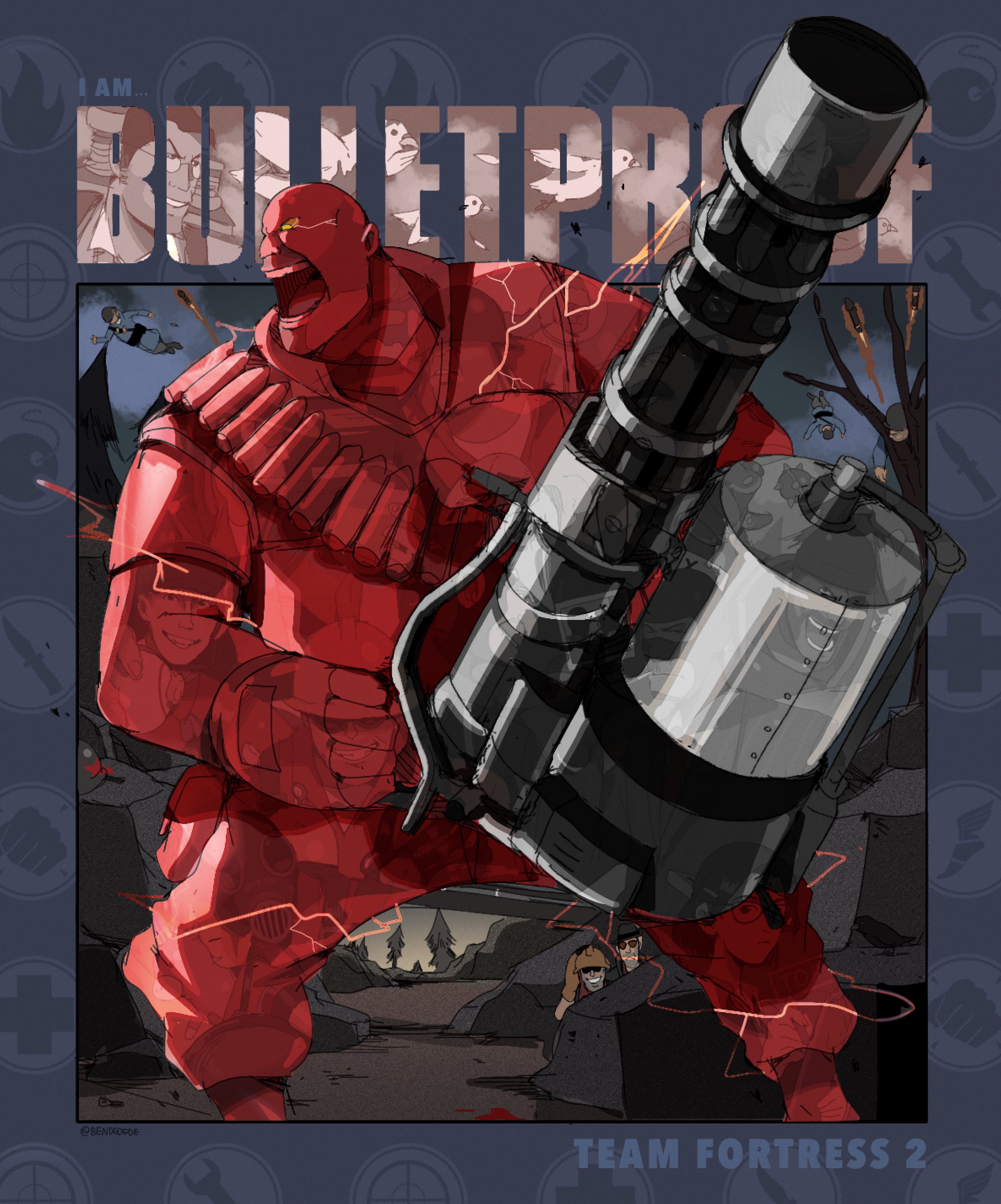 bendedede, demoman (tf2), engineer (tf2), heavy (tf2), medic (tf2), miss pauling, pyro (tf2), red demoman (tf2), red engineer (tf2), red heavy (tf2), red medic (tf2), red pyro (tf2), red scout (tf2), red sniper (tf2), red soldier (tf2), red spy (tf2), scout (tf2), sniper (tf2), soldier (tf2), spy (tf2), team fortress 2, absurdres, highres, 2girls, 6+boys, administrator (tf2), battlefield, colored skin, electricity, forest, gatling gun, glowing, glowing eyes, missile, multiple boys, multiple girls, nature, outdoors, red skin, shouting