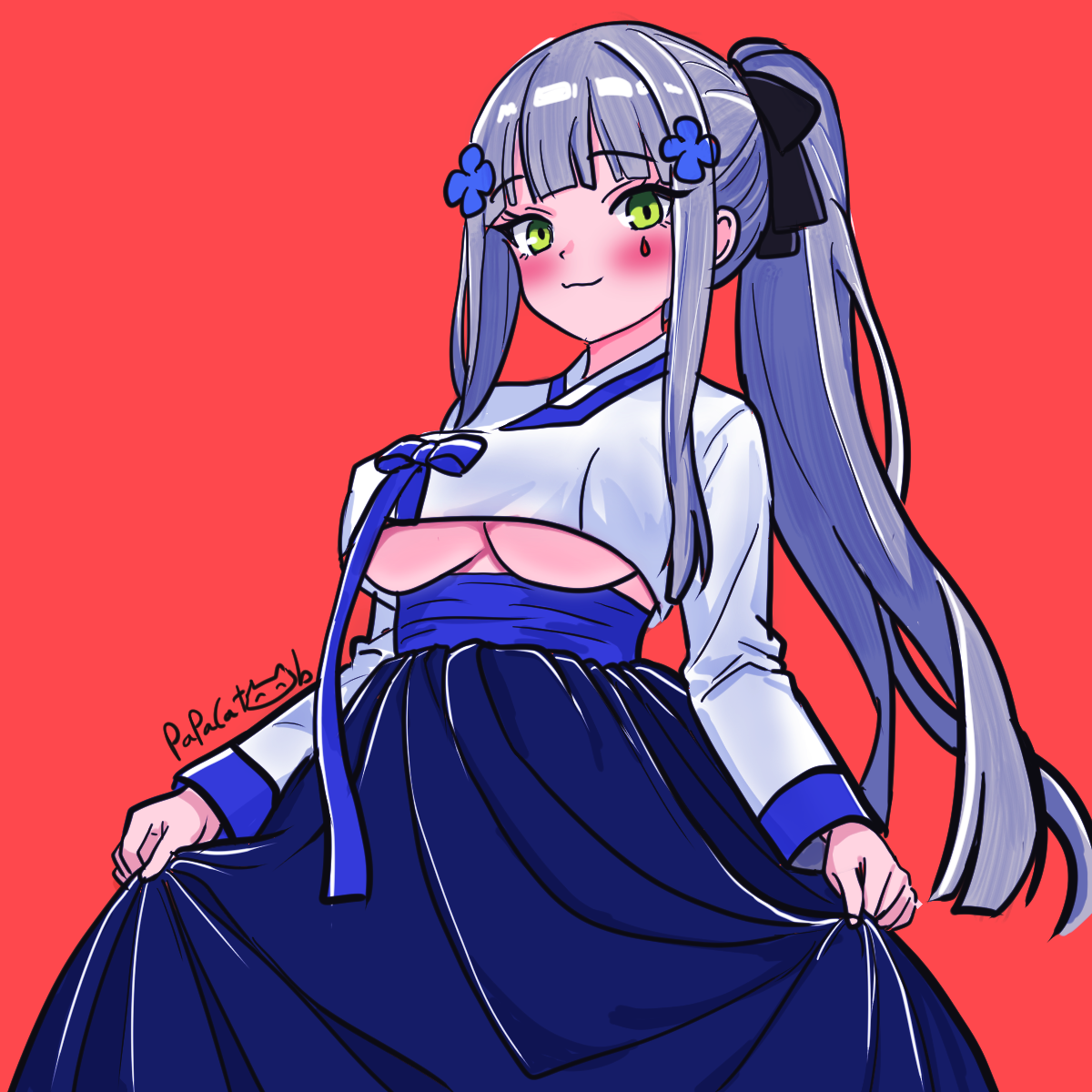 papacat, hk416 (girls' frontline), klukai (girls' frontline 2), girls' frontline, girls' frontline 2: exilium, highres, 1girl, :3, alternate costume, black ribbon, blue hair, blue skirt, blush, breasts, crop top, cross, english text, facepaint, from below, green eyes, hair ornament, hair ribbon, hairclip, iron cross, long hair, long skirt, long sleeves, looking at viewer, looking down, medium breasts, ponytail, ribbon, skirt, skirt hold, solo, teardrop, underboob, very long hair