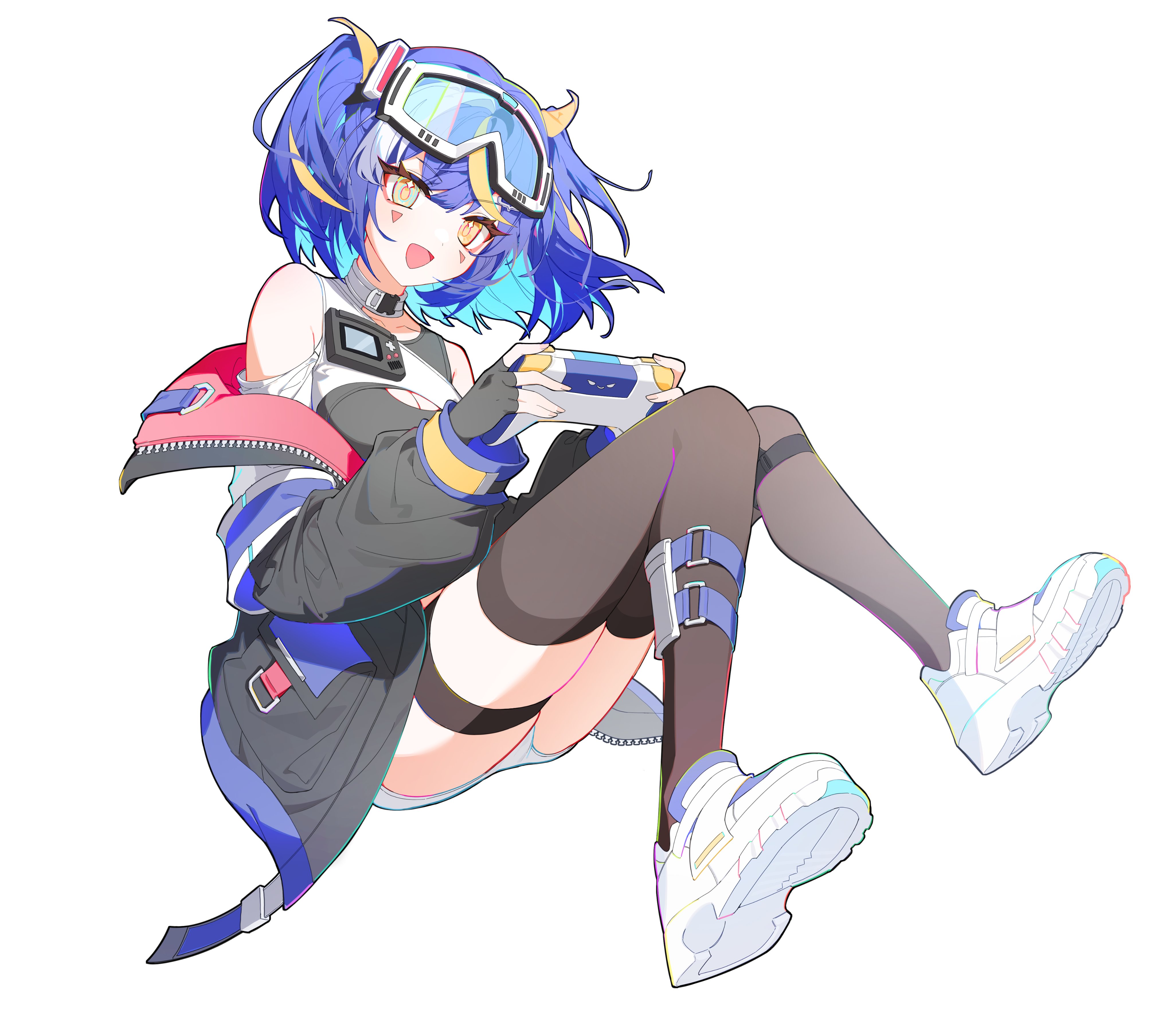 flat fish990, absurdres, highres, 1girl, black jacket, black thighhighs, blonde hair, blue hair, clothing cutout, fingerless gloves, full body, gloves, goggles, goggles on head, holding, jacket, multicolored hair, open mouth, protiishere uvu, shoes, simple background, smile, solo, thigh strap, thighhighs, two side up, virtual youtuber, white background, yellow eyes