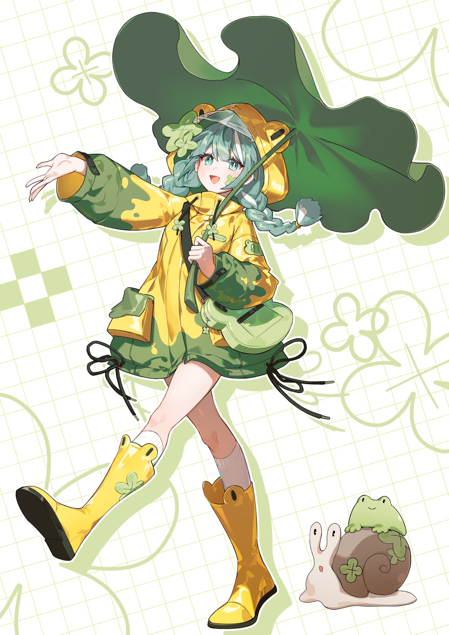 flat fish990, hatsune miku, vocaloid, highres, 1girl, animal hood, bag, boots, braid, clover, coat, four-leaf clover, frog, full body, green eyes, green hair, holding, holding leaf, hood, hood up, leaf, leaf umbrella, long hair, long sleeves, looking at viewer, low twin braids, multicolored hair, open mouth, outstretched arm, raincoat, rubber boots, smile, socks, solo, twin braids, walking, white socks, yellow coat, yellow raincoat