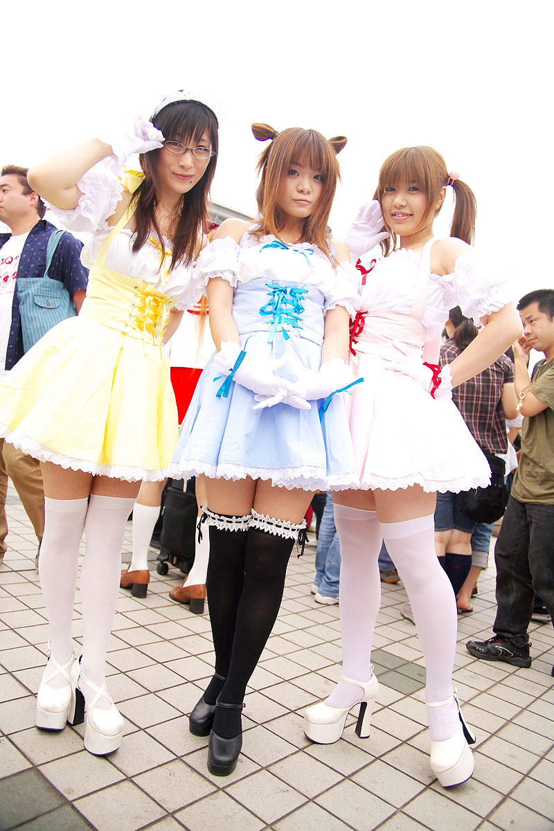 riori, platform footwear, character request, highres, photo (medium), source request, cosplay, dress, frills, glasses, gloves, mary janes, masakuu, shoes, thighhighs, tocca, twintails, zettai ryouiki