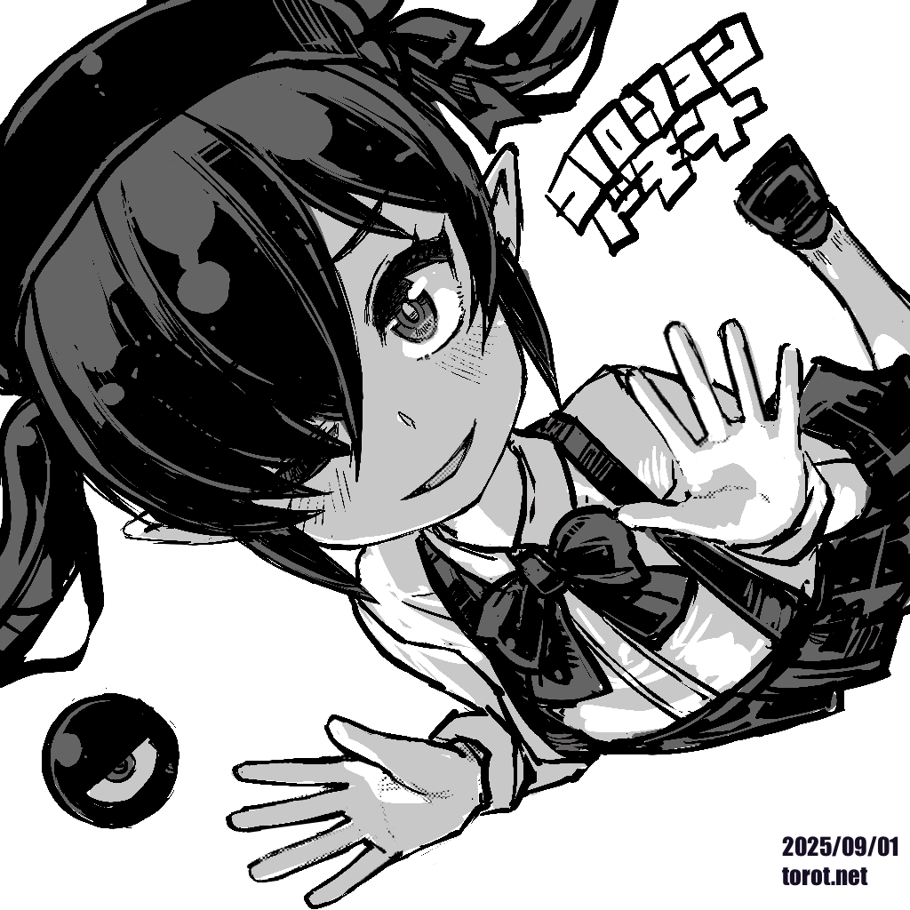 torotei, backbeako (torotei), backbeard, gegege no kitarou, original, commentary request, paid reward available, translated, 1girl, blush, bow, bowtie, collared shirt, dated, dated commentary, dutch angle, greyscale, hair over one eye, hair ribbon, hands up, hat, kono lolicon domome, long hair, long sleeves, looking at viewer, monochrome, one eye closed, parted lips, pleated skirt, pointy ears, ribbon, shirt, shoes, simple background, skirt, smile, solo, suspender skirt, suspenders, twintails, watermark, web address, white background